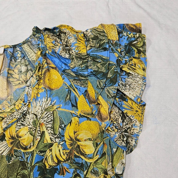 Rose + Olive Womens Blue Lemon Floral Tassel V-Neck Flutter Sleeve Blouse Large - Picture 5 of 10